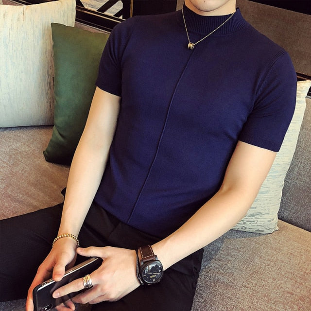 New Summer Men T-shirt Knitted Short Sleeves Top Men's Solid Color Half High Collar Sweater Pullover T Shirt Slim Knitted Tees