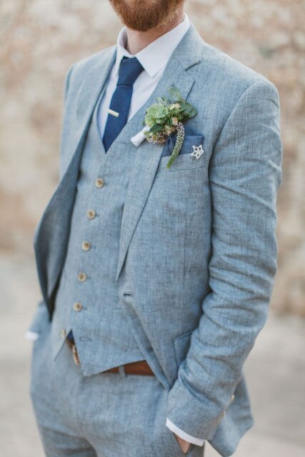 maoxiangshop Light Blue Groom Suit Men's 3 Pieces Formal Notch Lapel Suit Wedding Groomsman Slim Fit Prom Party Tuxedos(Blazer+vest+Pants)