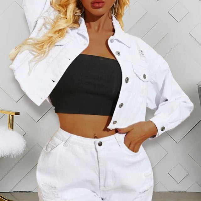 Women's Cropped Jeans Jacket Denim Fringed Short Coats for Women Autumn Holes Vintage Casual Jackets Woman Streetwear Coats