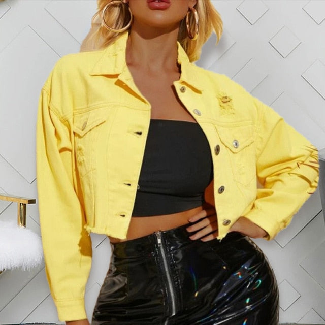 Women's Cropped Jeans Jacket Denim Fringed Short Coats for Women Autumn Holes Vintage Casual Jackets Woman Streetwear Coats
