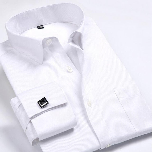 Men's Classic French Cuffs Striped Dress Shirt Single Patch Pocket Standard-fit Long Sleeve Wedding Shirts (Cufflink Included)