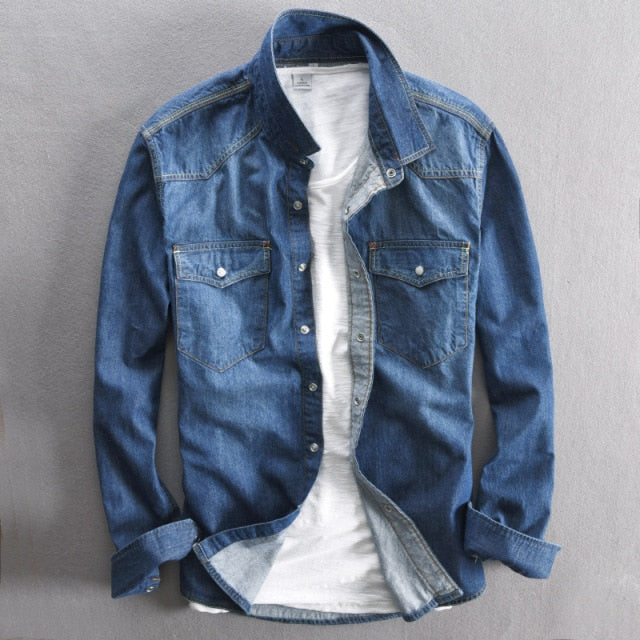 maoxiangshop Men's long-sleeved solid denim shirt fashion brand Classic retro denim Pocket decoration Business shirt Spring and Autumn Tops