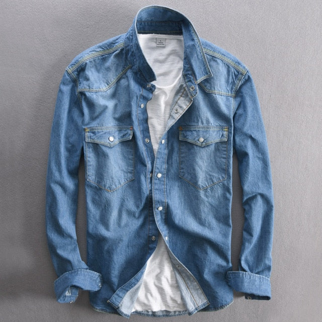 maoxiangshop Men's long-sleeved solid denim shirt fashion brand Classic retro denim Pocket decoration Business shirt Spring and Autumn Tops