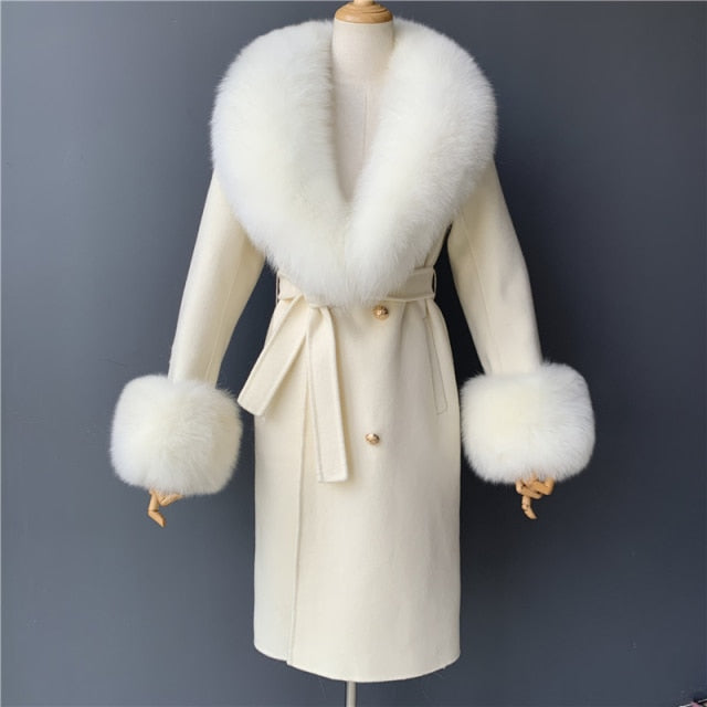 Women's Wool Coat Spring Real Fox Fur Collar Woolen Jacket Adjustable Waist Slim Ladies Long Overcoat