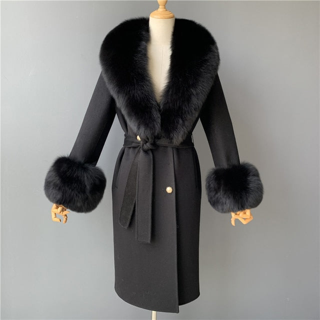 Women's Wool Coat Spring Real Fox Fur Collar Woolen Jacket Adjustable Waist Slim Ladies Long Overcoat