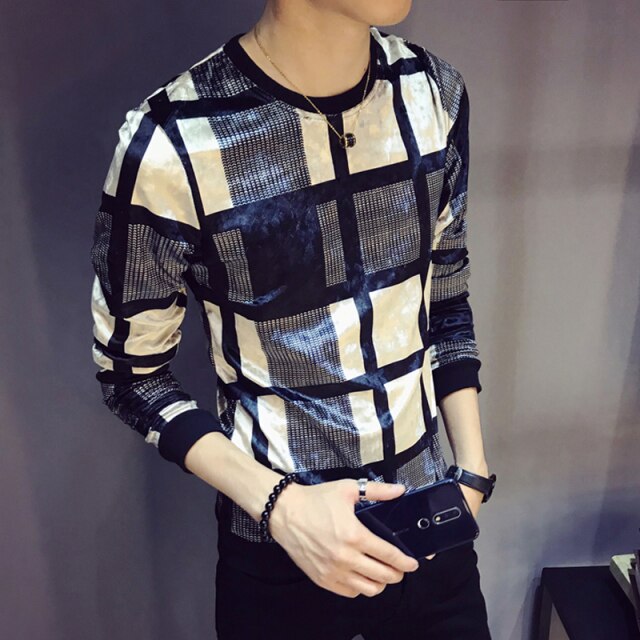 Luxury Men's Velvet T-Shirt Autumn and Winter Plaid Print T-Shirt Men's Club Clothing Men Slim Long Sleeve O-Neck Velvet T-Shirt