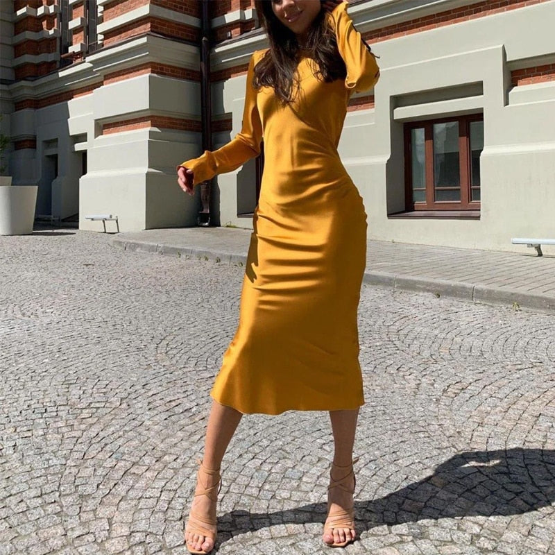 Women's New Solid Long Dress Ladies Satin Elegant Bag Hip Mermaid Party Dress Long Sleeve Fingerless O-Neck Fashion Woman Dress