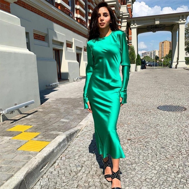 Women's New Solid Long Dress Ladies Satin Elegant Bag Hip Mermaid Party Dress Long Sleeve Fingerless O-Neck Fashion Woman Dress