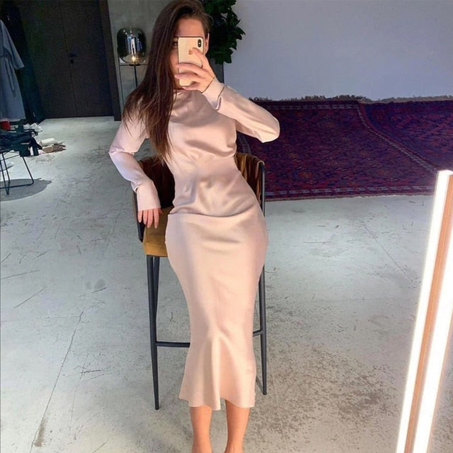 Women's New Solid Long Dress Ladies Satin Elegant Bag Hip Mermaid Party Dress Long Sleeve Fingerless O-Neck Fashion Woman Dress