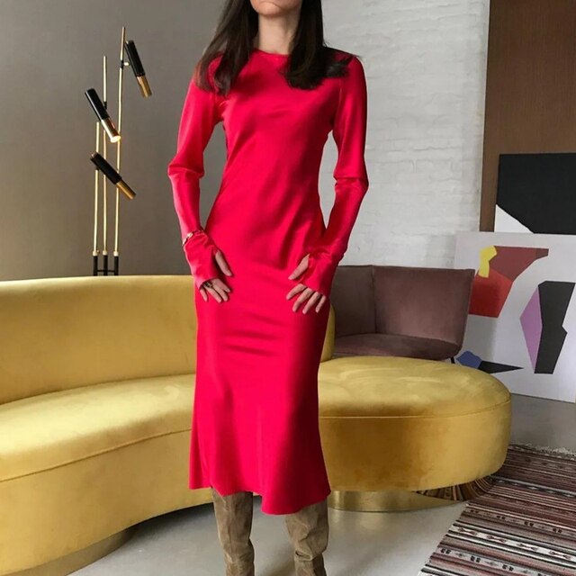 Women's New Solid Long Dress Ladies Satin Elegant Bag Hip Mermaid Party Dress Long Sleeve Fingerless O-Neck Fashion Woman Dress