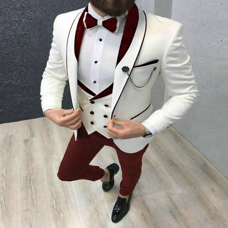 maoxiangshop Men's Suit Fashion Formal Business Slim Fit 3-Pieces White Blazers Burgundy Pant Men's Tuxedo Wedding Men Suits Groom Suit