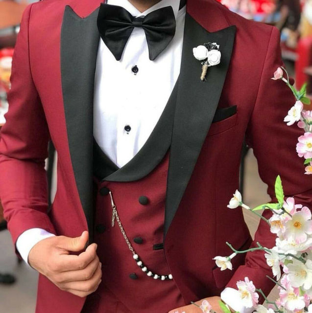 maoxiangshop Men's Suit Fashion Formal Business Slim Fit 3-Pieces White Blazers Burgundy Pant Men's Tuxedo Wedding Men Suits Groom Suit