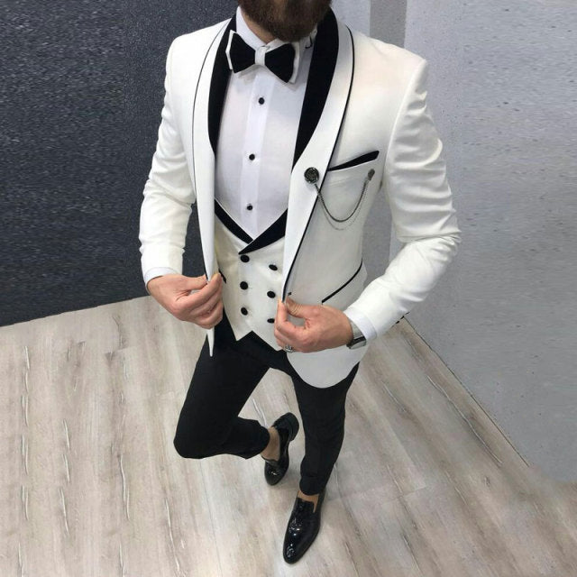 maoxiangshop Men's Suit Fashion Formal Business Slim Fit 3-Pieces White Blazers Burgundy Pant Men's Tuxedo Wedding Men Suits Groom Suit