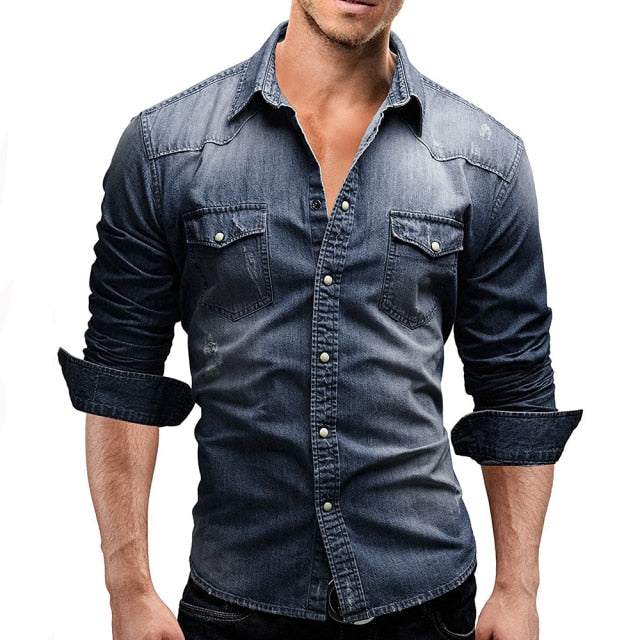Autumn Men Denim Shirt Mens Long Sleeve Soft Cotton Slim Jeans Shirts Male Cowboy Shirt XXXL