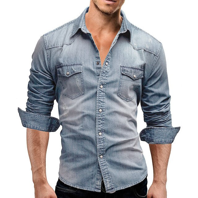 Autumn Men Denim Shirt Mens Long Sleeve Soft Cotton Slim Jeans Shirts Male Cowboy Shirt XXXL