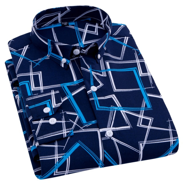 AOLIWEN brand men spring autumn navy blue yellow and white printed shirt casual anti wrinkle comfortable long sleeve slim shirts