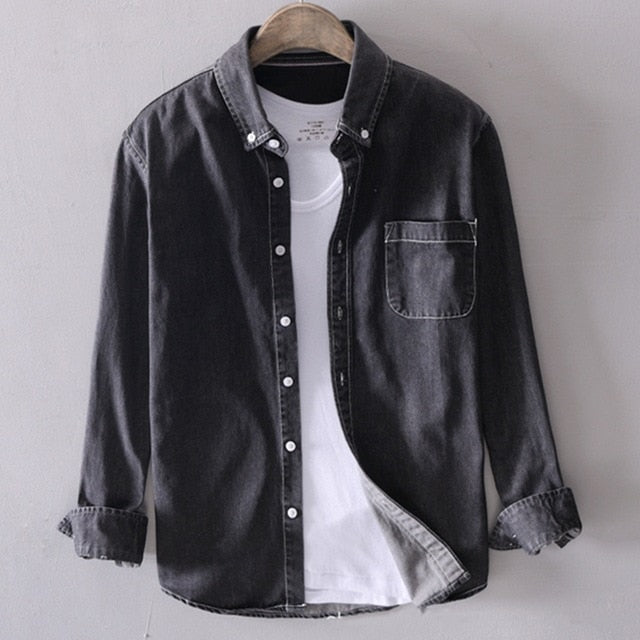 maoxiangshop Men's long-sleeved solid denim shirt fashion brand Classic retro denim Pocket decoration Business shirt Spring and Autumn Tops