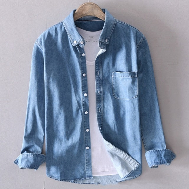 maoxiangshop Men's long-sleeved solid denim shirt fashion brand Classic retro denim Pocket decoration Business shirt Spring and Autumn Tops