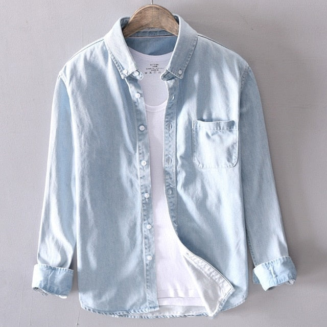 maoxiangshop Men's long-sleeved solid denim shirt fashion brand Classic retro denim Pocket decoration Business shirt Spring and Autumn Tops