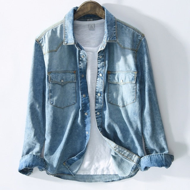 maoxiangshop Men's long-sleeved solid denim shirt fashion brand Classic retro denim Pocket decoration Business shirt Spring and Autumn Tops