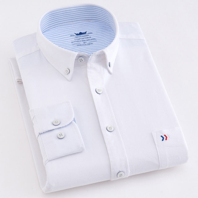 maoxiangshop Men's Oxford Casual 100% Cotton Plaid Checkered Shirt Front Patch Chest Pocket Long Sleeve Thick Button-down Striped Shirts