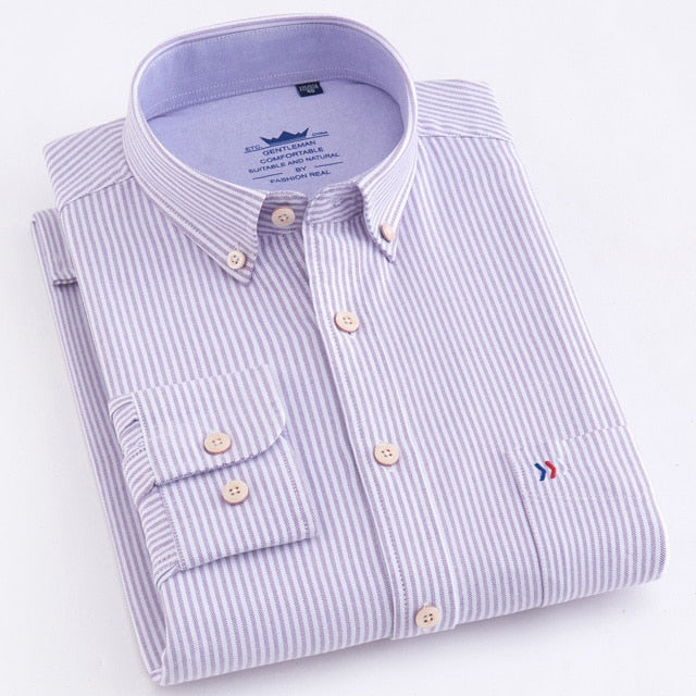 maoxiangshop Men's Oxford Casual 100% Cotton Plaid Checkered Shirt Front Patch Chest Pocket Long Sleeve Thick Button-down Striped Shirts