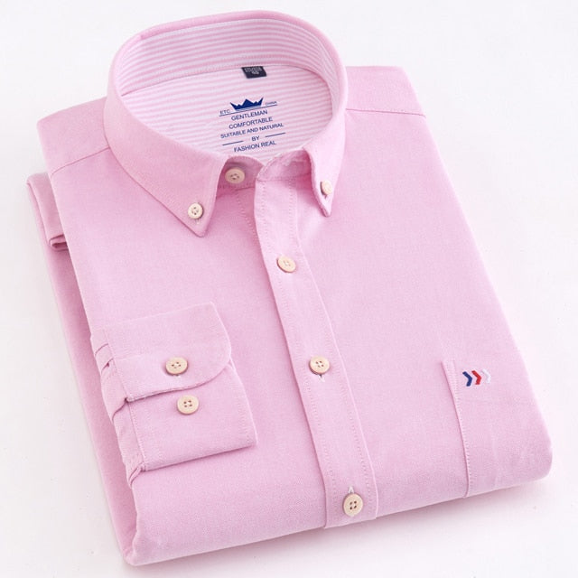 maoxiangshop Men's Oxford Casual 100% Cotton Plaid Checkered Shirt Front Patch Chest Pocket Long Sleeve Thick Button-down Striped Shirts