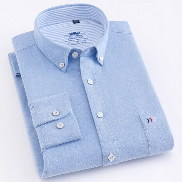 maoxiangshop Men's Oxford Casual 100% Cotton Plaid Checkered Shirt Front Patch Chest Pocket Long Sleeve Thick Button-down Striped Shirts