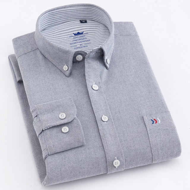 maoxiangshop Men's Oxford Casual 100% Cotton Plaid Checkered Shirt Front Patch Chest Pocket Long Sleeve Thick Button-down Striped Shirts