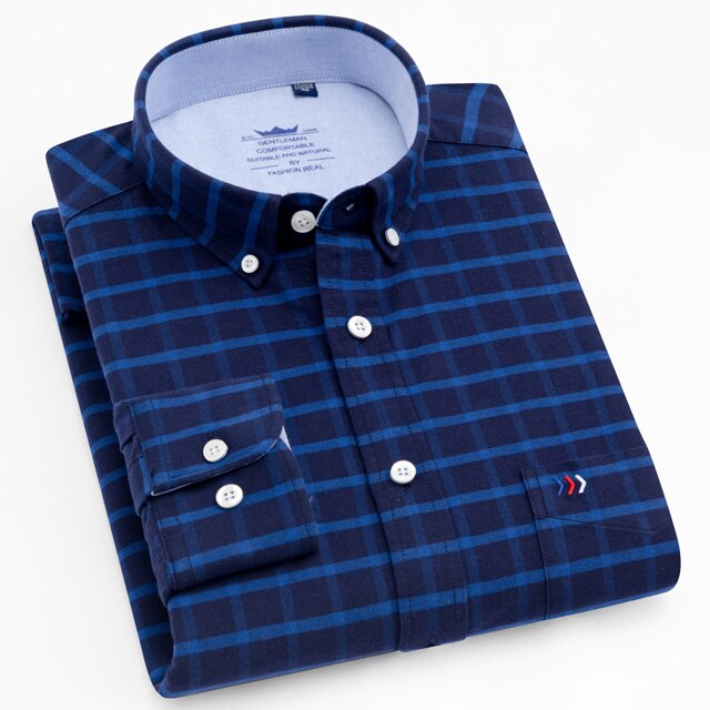 maoxiangshop Men's Oxford Casual 100% Cotton Plaid Checkered Shirt Front Patch Chest Pocket Long Sleeve Thick Button-down Striped Shirts