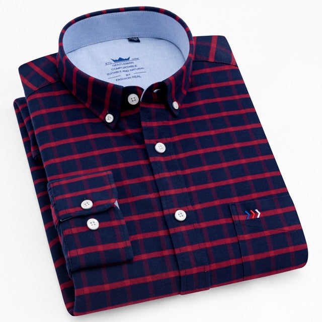 maoxiangshop Men's Oxford Casual 100% Cotton Plaid Checkered Shirt Front Patch Chest Pocket Long Sleeve Thick Button-down Striped Shirts