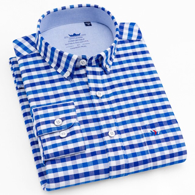 maoxiangshop Men's Oxford Casual 100% Cotton Plaid Checkered Shirt Front Patch Chest Pocket Long Sleeve Thick Button-down Striped Shirts