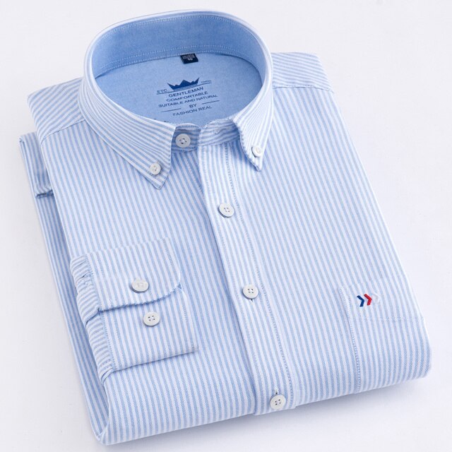 maoxiangshop Men's Oxford Casual 100% Cotton Plaid Checkered Shirt Front Patch Chest Pocket Long Sleeve Thick Button-down Striped Shirts