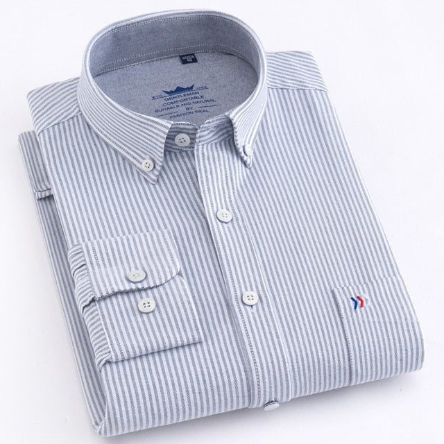 maoxiangshop Men's Oxford Casual 100% Cotton Plaid Checkered Shirt Front Patch Chest Pocket Long Sleeve Thick Button-down Striped Shirts
