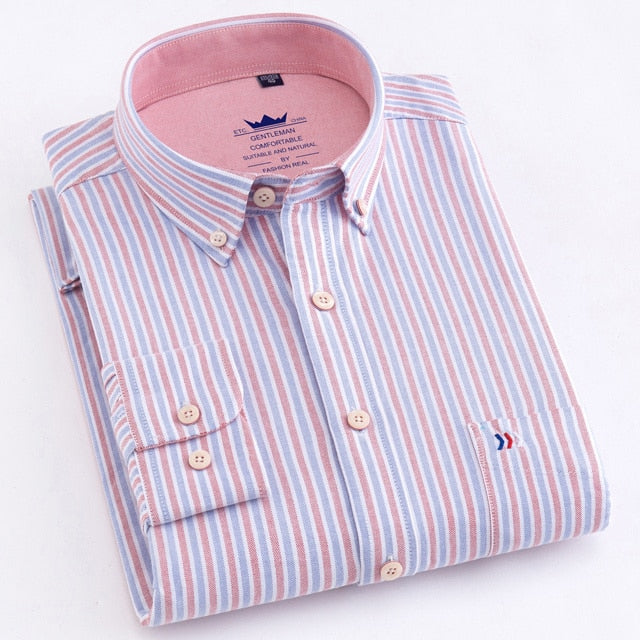 maoxiangshop Men's Oxford Casual 100% Cotton Plaid Checkered Shirt Front Patch Chest Pocket Long Sleeve Thick Button-down Striped Shirts