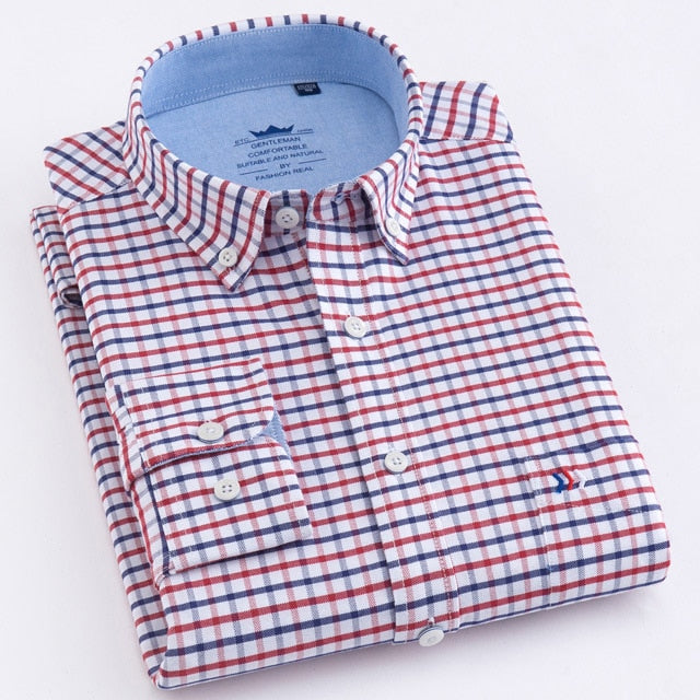maoxiangshop Men's Oxford Casual 100% Cotton Plaid Checkered Shirt Front Patch Chest Pocket Long Sleeve Thick Button-down Striped Shirts