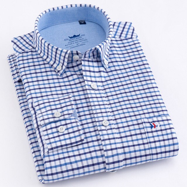 maoxiangshop Men's Oxford Casual 100% Cotton Plaid Checkered Shirt Front Patch Chest Pocket Long Sleeve Thick Button-down Striped Shirts