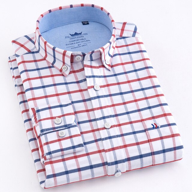 maoxiangshop Men's Oxford Casual 100% Cotton Plaid Checkered Shirt Front Patch Chest Pocket Long Sleeve Thick Button-down Striped Shirts