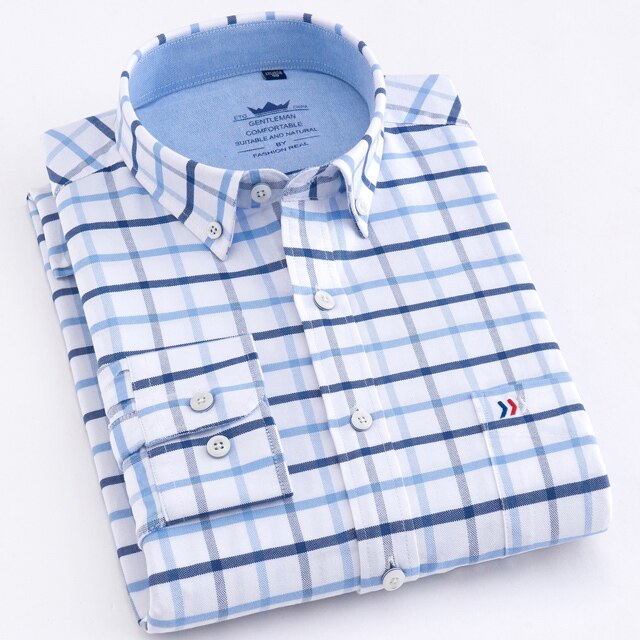 maoxiangshop Men's Oxford Casual 100% Cotton Plaid Checkered Shirt Front Patch Chest Pocket Long Sleeve Thick Button-down Striped Shirts