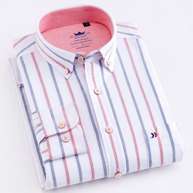 maoxiangshop Men's Oxford Casual 100% Cotton Plaid Checkered Shirt Front Patch Chest Pocket Long Sleeve Thick Button-down Striped Shirts