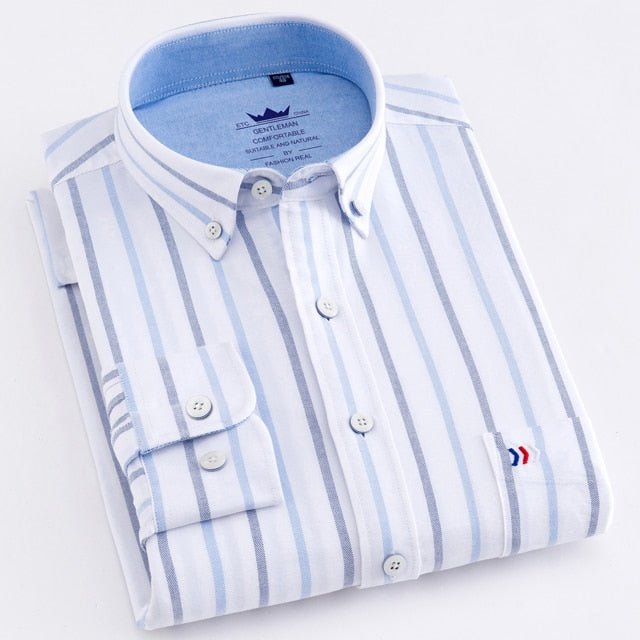 maoxiangshop Men's Oxford Casual 100% Cotton Plaid Checkered Shirt Front Patch Chest Pocket Long Sleeve Thick Button-down Striped Shirts