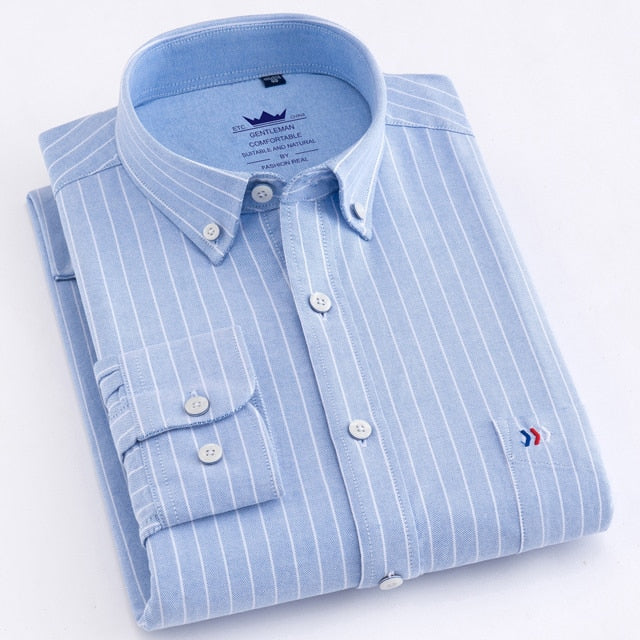 maoxiangshop Men's Oxford Casual 100% Cotton Plaid Checkered Shirt Front Patch Chest Pocket Long Sleeve Thick Button-down Striped Shirts