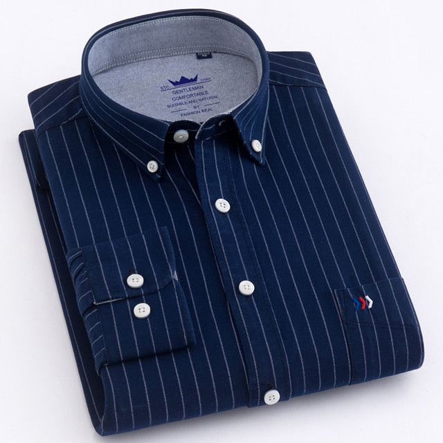 maoxiangshop Men's Oxford Casual 100% Cotton Plaid Checkered Shirt Front Patch Chest Pocket Long Sleeve Thick Button-down Striped Shirts
