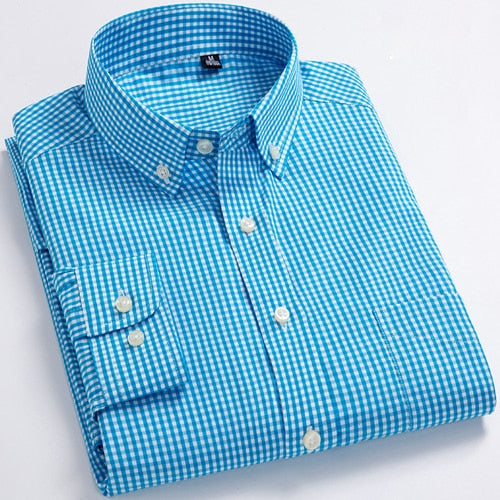 Men's Standard-Fit Long-Sleeve Micro-Check Shirts Patch Pocket Thin Soft 100% Cotton White/red Lines Checked Plaid Casual Shirt