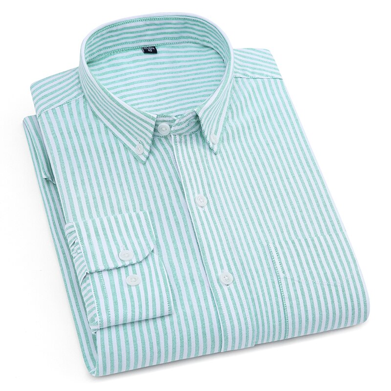 Pure Cotton White Shirts Casual for Men Oxford Long-Sleeved Mens Striped Shirt Leisure Business Formal Chest Pocket New Clothes