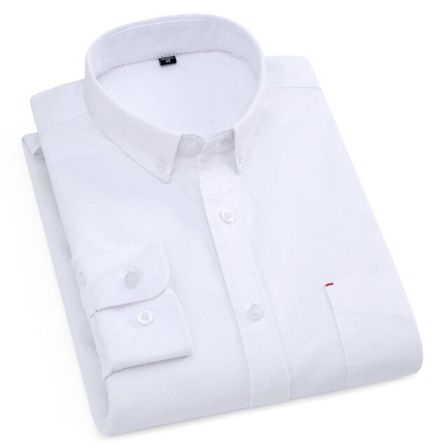 Pure Cotton White Shirts Casual for Men Oxford Long-Sleeved Mens Striped Shirt Leisure Business Formal Chest Pocket New Clothes