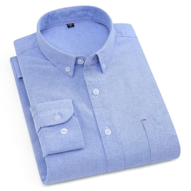 Pure Cotton White Shirts Casual for Men Oxford Long-Sleeved Mens Striped Shirt Leisure Business Formal Chest Pocket New Clothes