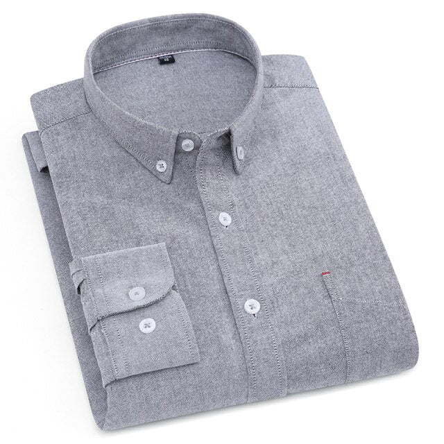 Pure Cotton White Shirts Casual for Men Oxford Long-Sleeved Mens Striped Shirt Leisure Business Formal Chest Pocket New Clothes