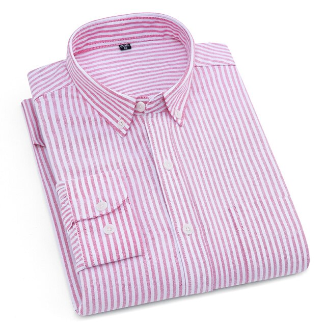 Pure Cotton White Shirts Casual for Men Oxford Long-Sleeved Mens Striped Shirt Leisure Business Formal Chest Pocket New Clothes