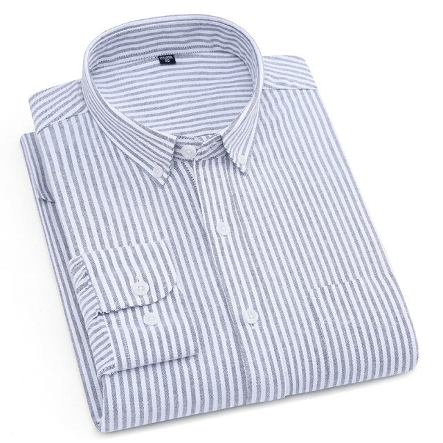 Pure Cotton White Shirts Casual for Men Oxford Long-Sleeved Mens Striped Shirt Leisure Business Formal Chest Pocket New Clothes